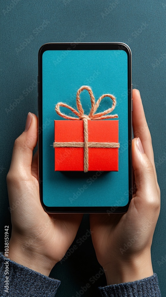 Poster Hands holding a smartphone with a shopping app open displaying massive discount offers and a secure payment option Stock Photo with side copy space