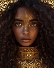 Fototapeta premium teenage girl with dark ebony hair, golden-toned skin, and expressive brown eyes, set against the intricate patterns of the Al-Masjid an-Nabawi in Medina. The warm, earthy tones and the girl