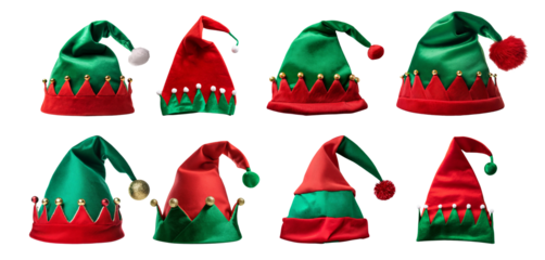 Colorful elf hats in green and red, perfect for festive celebrations and holiday spirit.