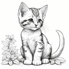 Fototapeta premium Cute Young Kitten Retro Style Coloring Book Page