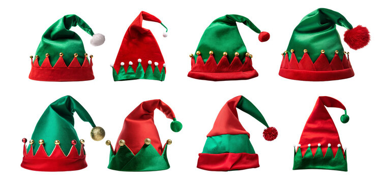 Colorful elf hats in green and red, perfect for festive celebrations and holiday spirit.