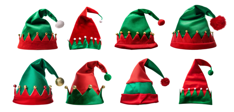 Colorful elf hats in green and red, perfect for festive celebrations and holiday spirit.