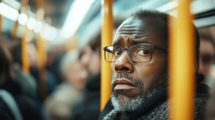 Fototapeta premium Worker Boarding Crowded Bus for Commute to Work