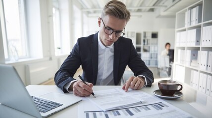 Fototapeta premium Employee writing a report with coffee in a bright office