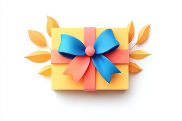 Yellow Gift Box with Blue Bow and Autumn Leaves