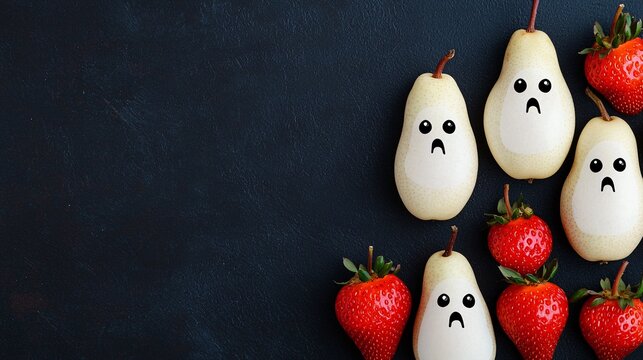 Whimsical fruits with faces expressive pears and strawberries showcase emotion and fun in a creative arrangement