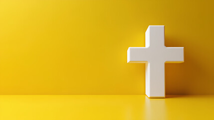 Obraz premium A white cross stands on a yellow surface, representing faith and hope.
