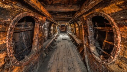 Naklejka premium The interior of a weathered shipwreck, showcasing wooden beams and circular windows, highlighting decay and maritime history.