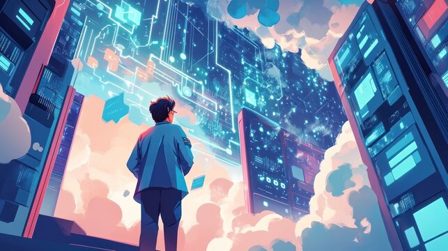 A Man Gazes at a Futuristic Digital World