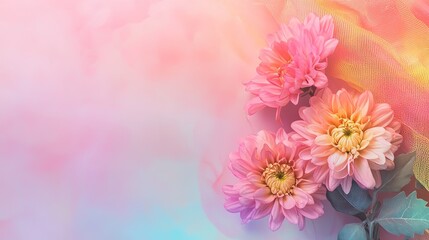 Chrysanthemum flower plant bouquet with leaves Flat lay, top view, copy space. Unicorn background with rainbow net