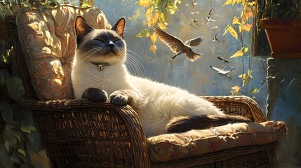 Siamese Cat Lounging on Sunny Patio Watching Birds Fly By