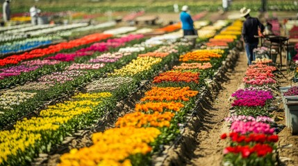 A bustling flower farm with rows of blooming flowers in various colors, Gardening tools and workers tending to the vibrant fields, Floral cultivation style