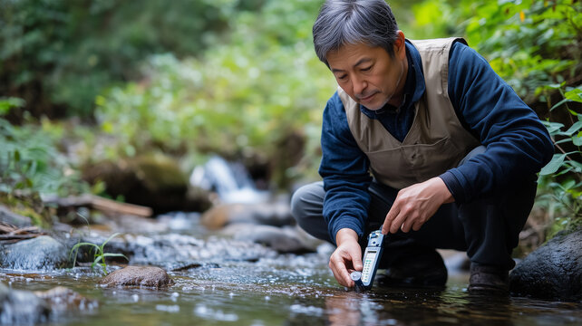 清流でpHを測定する環境科学者