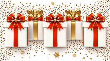 Obraz premium Gift Boxes with Red and Gold Ribbon on White Background with Confetti