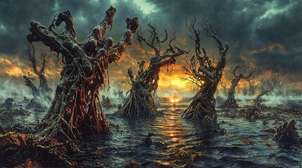A haunting landscape features twisted trees rising from dark waters under a dramatic sky, creating an eerie and surreal atmosphere.