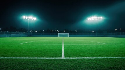 Fototapeta premium A soccer field with goalposts and stadium lights, evening setting, Dramatic style
