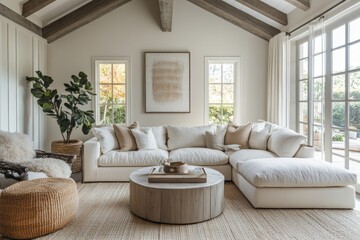 Fototapeta premium Modern Living Room Interior Design with White Sofa Jute Rug and Wooden Coffee Table