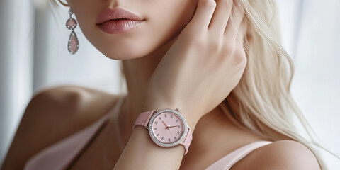 Elegant woman wearing a stylish light pink watch with minimalistic design, closeup of a luxury wristwatch on lady's hand, blurred background