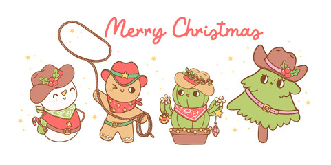 Cute Retro Christmas Cowboy banner with cactus, tree, snowman and gingerbread man hand drawn cartoon doodle collection