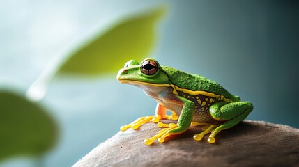 Fototapeta premium Colorful frog perched on a rock with green leaves in the background.
