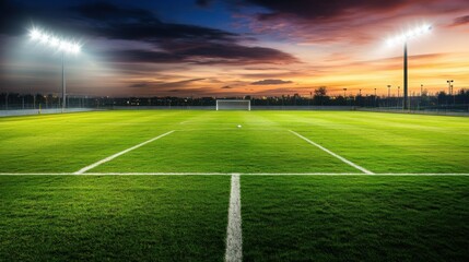 Fototapeta premium A soccer field with goalposts and stadium lights, evening setting, Dramatic style