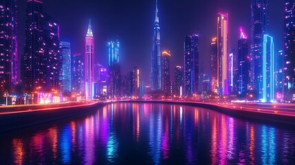 Fototapeta premium Radiant skyline glowing with neon lights at water's edge