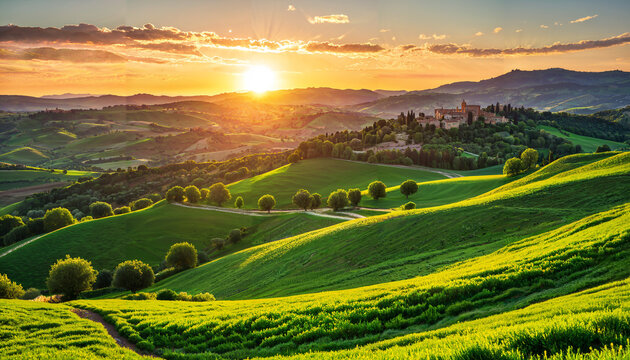 Lever de soleil sur les collines verdoyantes