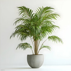 Fototapeta premium Green Palm Tree in a Grey Pot Against a White Wall.