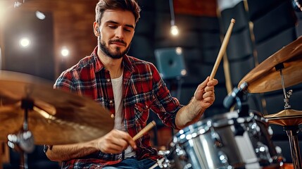 A drummer performs on a snare drum in a music studio, with a focused expression and soundproofing panels visible in the background. --chaos