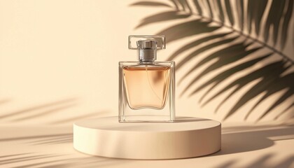 A stylish perfume bottle displayed on a minimalist pedestal with soft lighting and palm shadows, highlighting elegance and luxury.