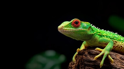 Obraz premium Colorful lizard resting on a log against a dark background.