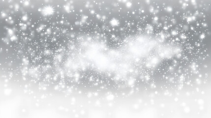 A silver and white abstract background with a scattering of shimmering stars and bokeh effects.