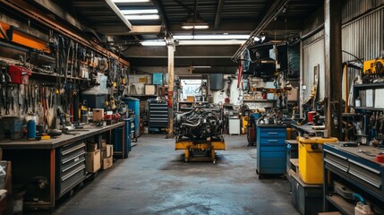 A bustling mechanic's garage filled with tools and engines, Tools of the trade organized amidst grease-stained workbenches, Automotive repair style