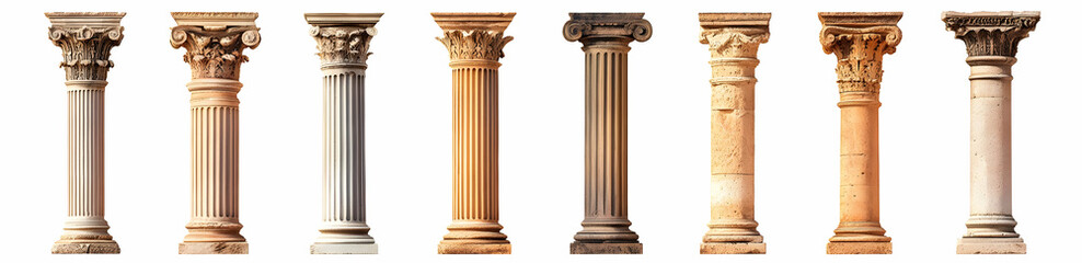 Obraz premium Set of Eight Roman Columns on White Background.