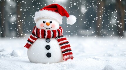 Obraz premium Snowman in Red Hat and Scarf on Snowy Background