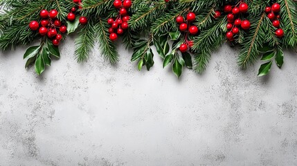 Fototapeta premium Christmas Fir Branches with Red Berries on White Concrete Background