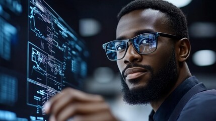 Focused on Innovation: A close-up of a focused African American man wearing glasses and a suit, meticulously analyzing data on a large digital display.