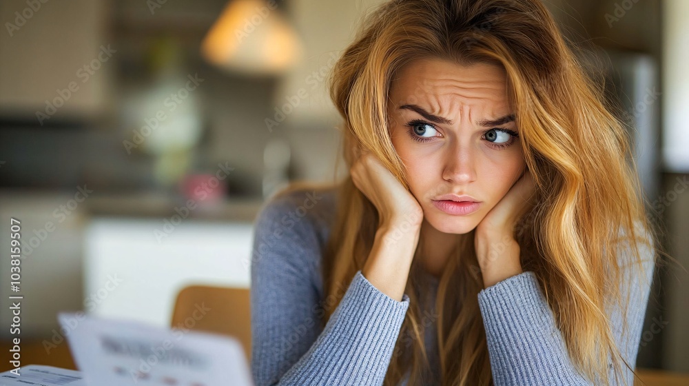 Poster a distressed individual looking over their bank statement showing unexpected withdrawals stock photo
