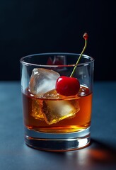 Whiskey Dreams: A Beautifully Styled Glass with Ice and Cherry, Channeling the Glamour of 80s Magazine Ads Against a Rich Dark Blue Background