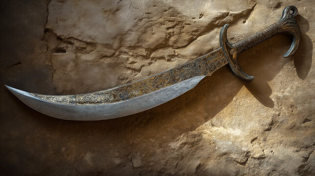 A close-up of an Egyptian khopesh sword, highlighting its distinctive curved blade and decorative motifs against an ancient stone wall.