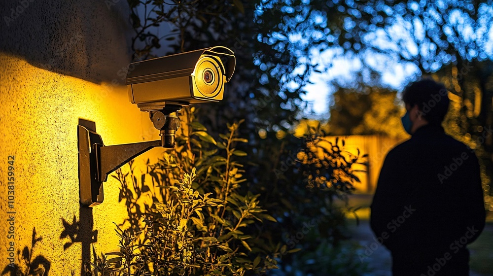 Poster A security camera view showing a masked figure attempting to break into a building during the night Stock Photo with side copy space
