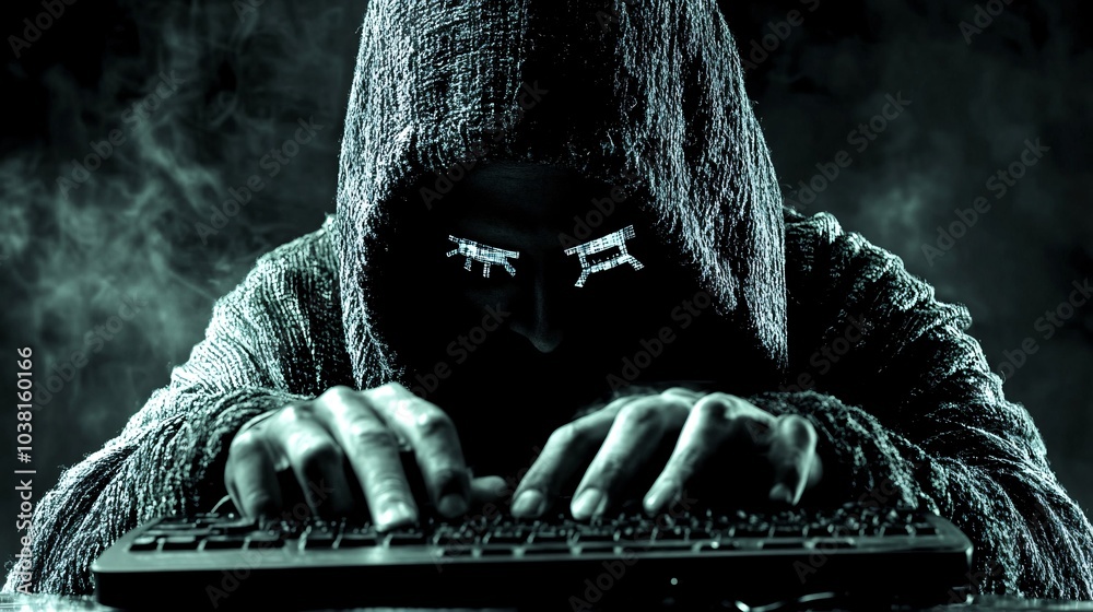 Poster Cybercriminal accessing stolen data from a database with multiple warning signs appearing on their monitor Stock Photo with side copy space