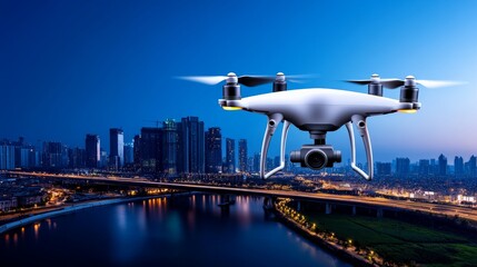 Fototapeta premium Drone Soaring Over Night Cityscape 