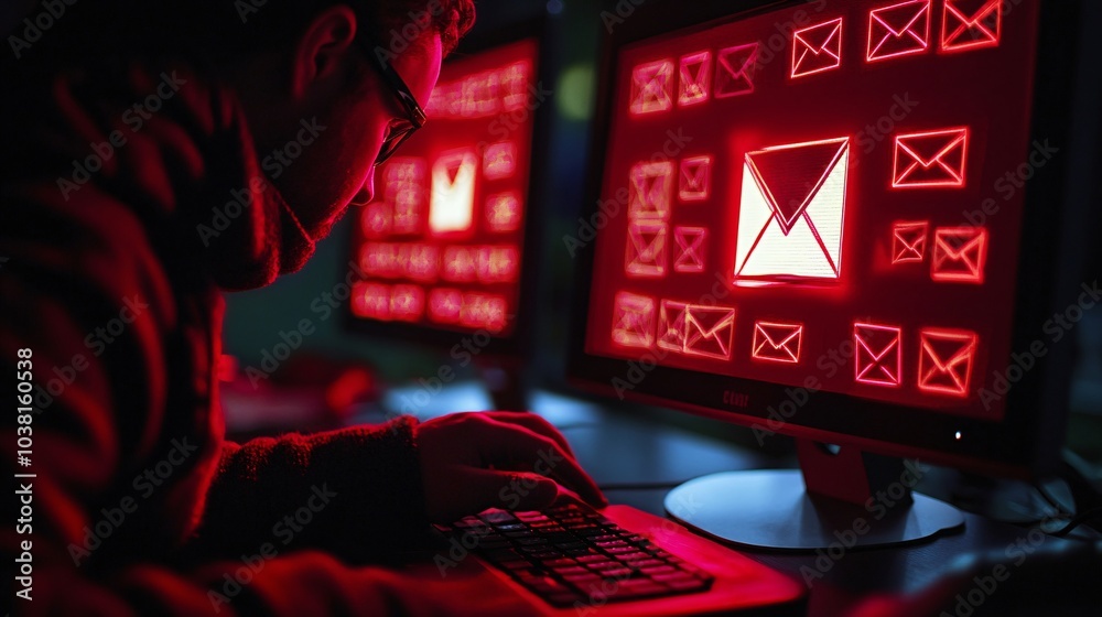 Poster A person opening a phishing email on a home computer with warning icons flashing on the screen Stock Photo with side copy space