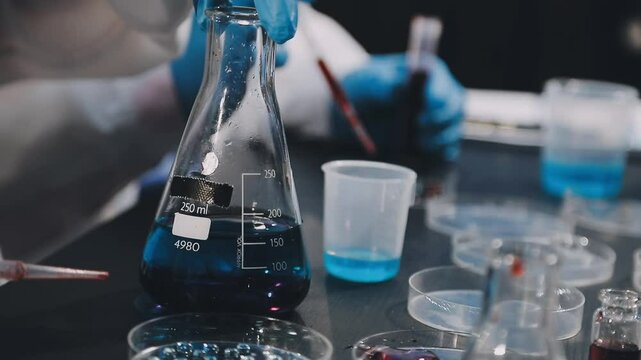 Group of dedicated scientist conduct chemical experiment in medical laboratory, carefully drop precise amount of liquid from pipette into test tube for vaccine drug or antibiotic development. Neoteric