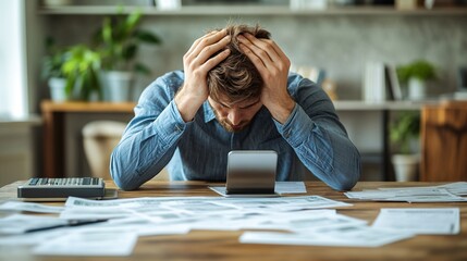 A person holding their head in despair while looking at hacked bank account details on their phone Stock Photo with side copy space