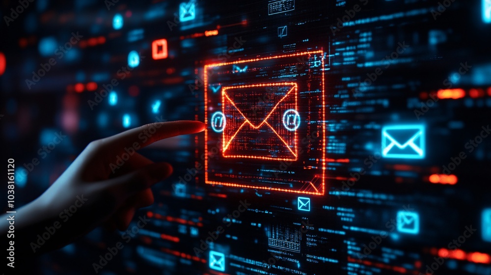 Poster person checking a hacked email account that has been used for fraudulent activities stock photo with
