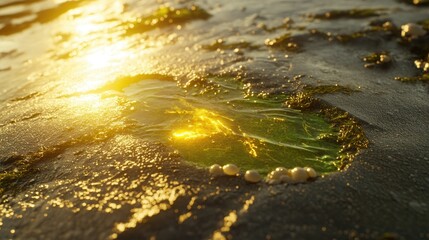 A green seaweed puddle on a sloped rock, with the algae forming natural shapes in the water as sunlight dances on the surface. --chaos