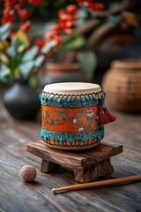 A vibrant, handcrafted drum sits on a wooden stand, surrounded by natural decor. This artistic piece adds cultural charm and warmth to any space.