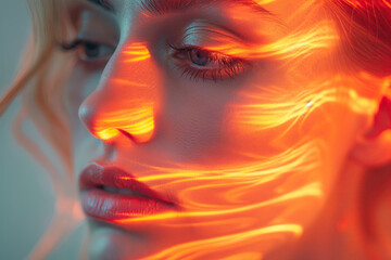 people of ai // beautiful womans face closeup with orange light stripes, dynamic pattern on her skin, sunlight colors, photorealistic